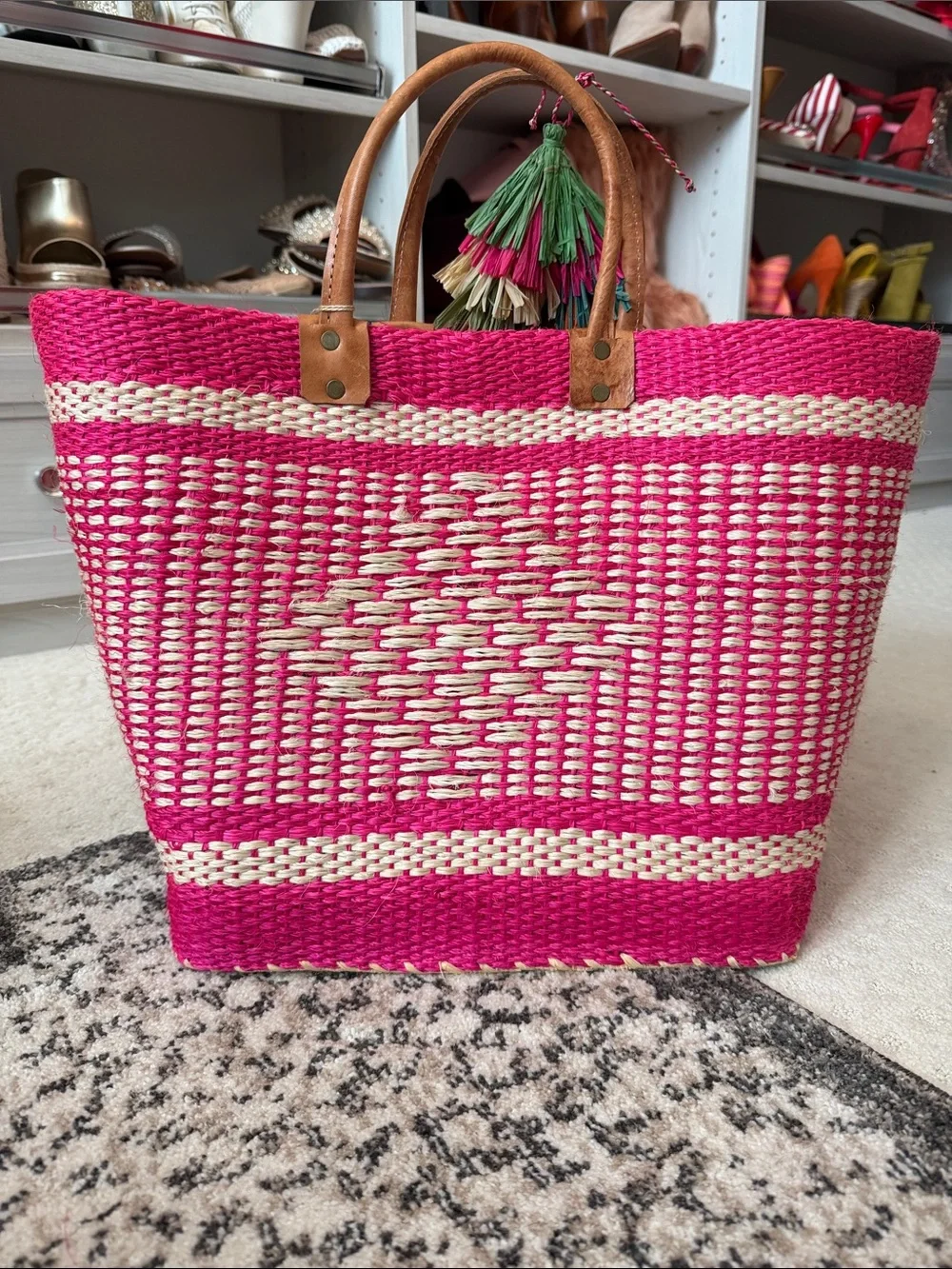 Bright Pink Woven Tote with Multicolor Tassel Charm